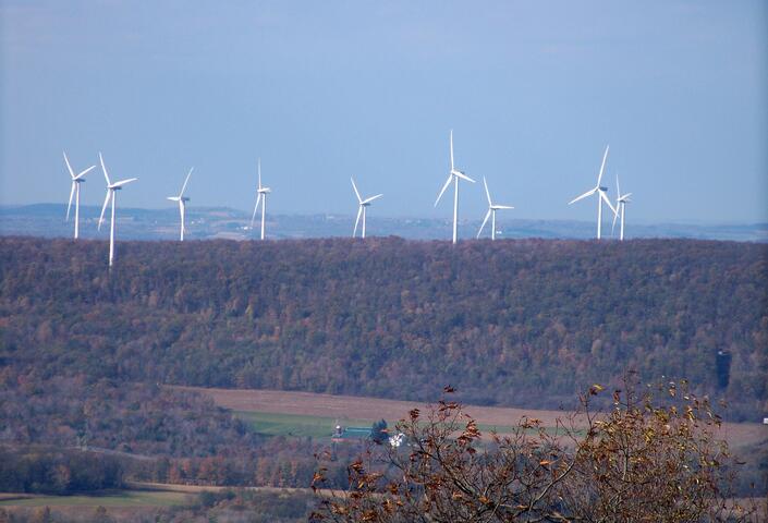 View of some ridgetop wind power turbines from the summit of Blue Knob