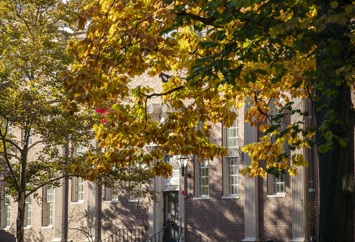 Exterior of Lehman Hall/Student Center with fall leaves